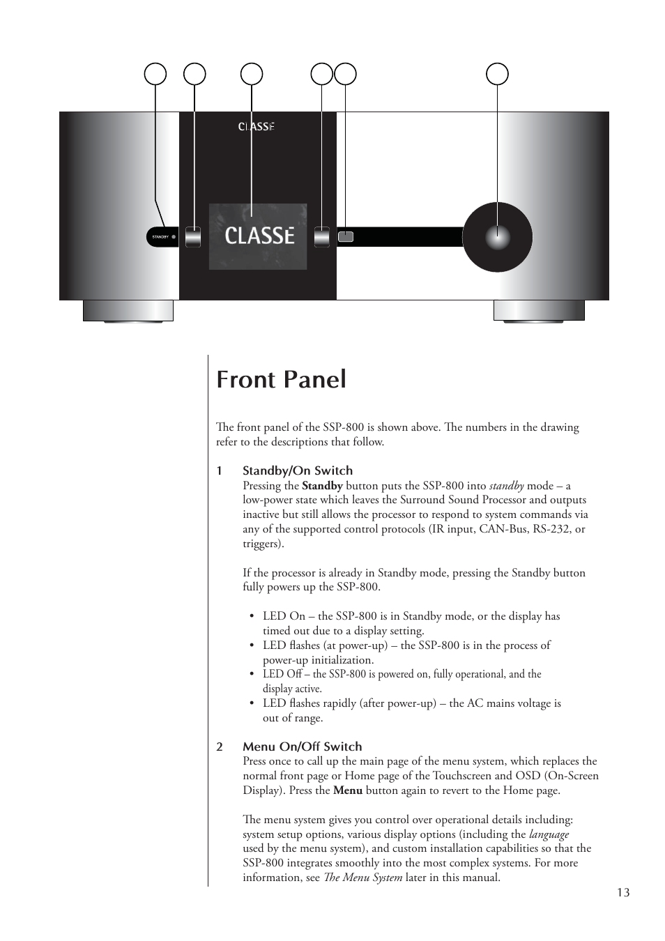 Front panel | Classe Audio Surround Sound Processor SSP-800 User Manual | Page 13 / 68