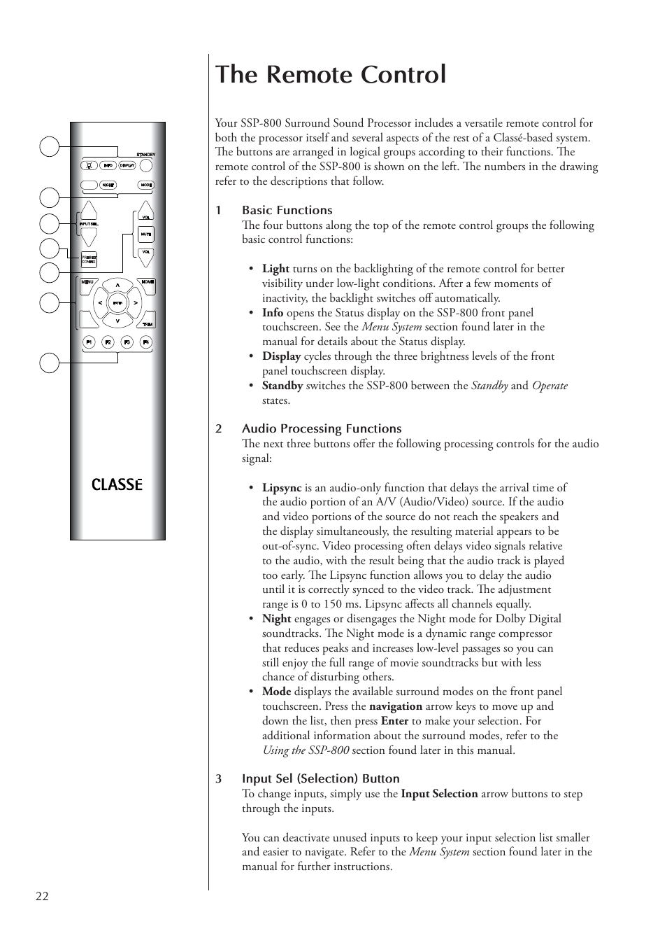 The remote control | Classe Audio Surround Sound Processor SSP-800 User Manual | Page 22 / 68