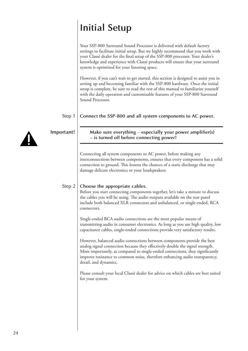 Initial setup | Classe Audio Surround Sound Processor SSP-800 User Manual | Page 24 / 68