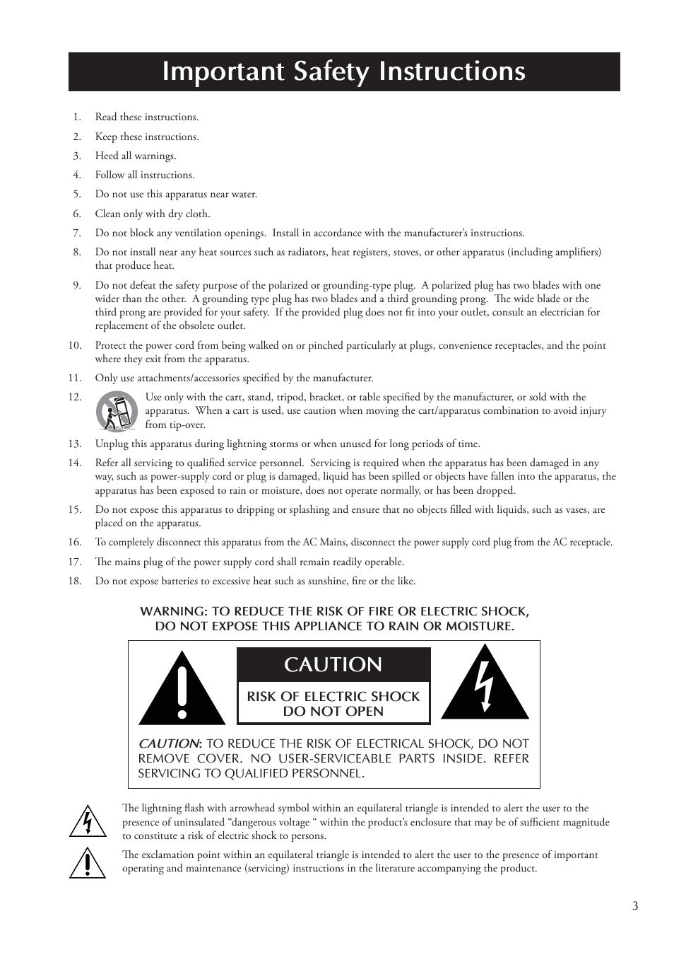 Important safety instructions, Caution | Classe Audio Surround Sound Processor SSP-800 User Manual | Page 3 / 68