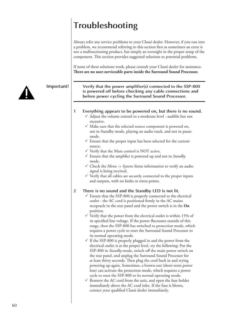 Troubleshooting | Classe Audio Surround Sound Processor SSP-800 User Manual | Page 60 / 68