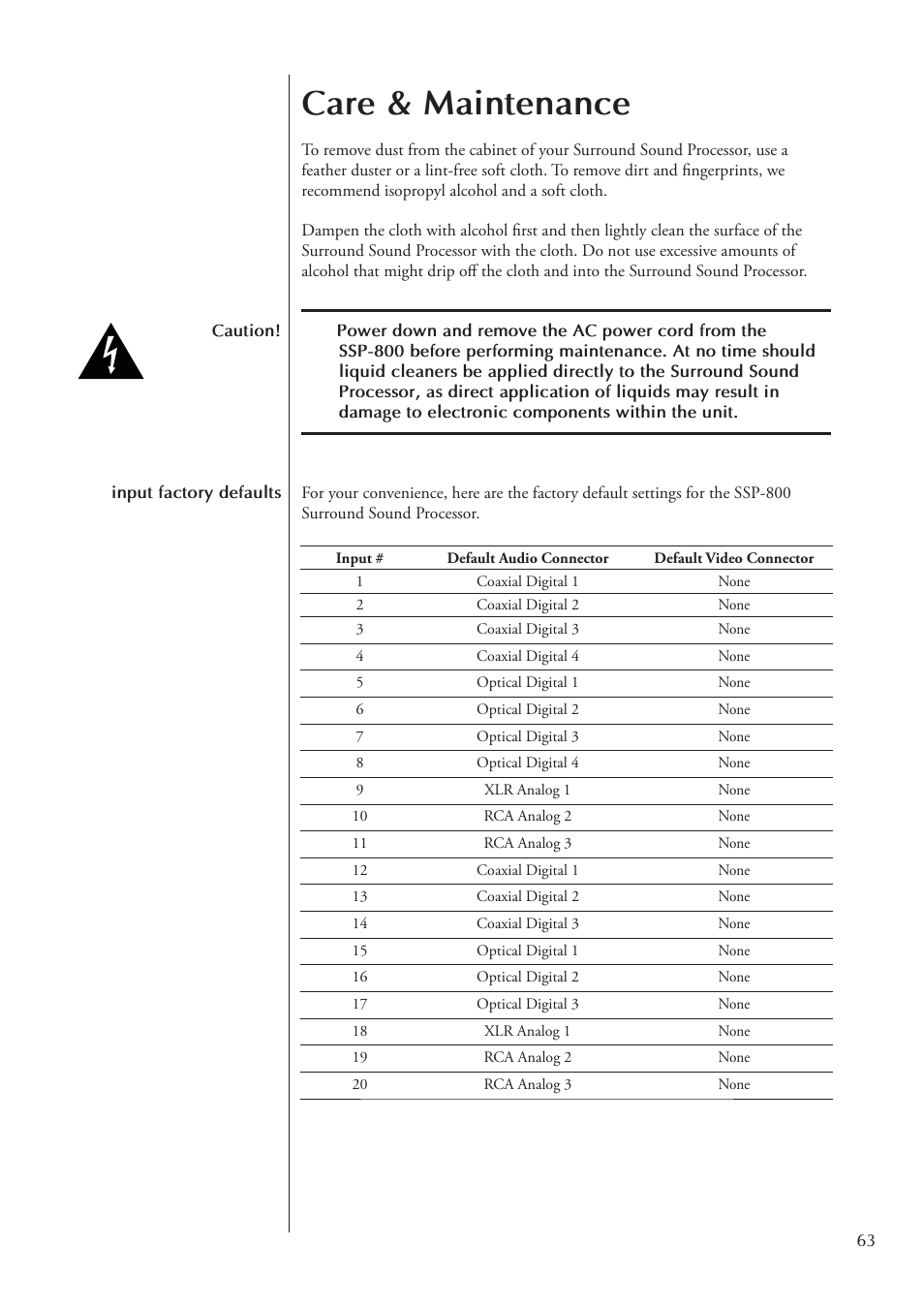 Care & maintenance | Classe Audio Surround Sound Processor SSP-800 User Manual | Page 63 / 68