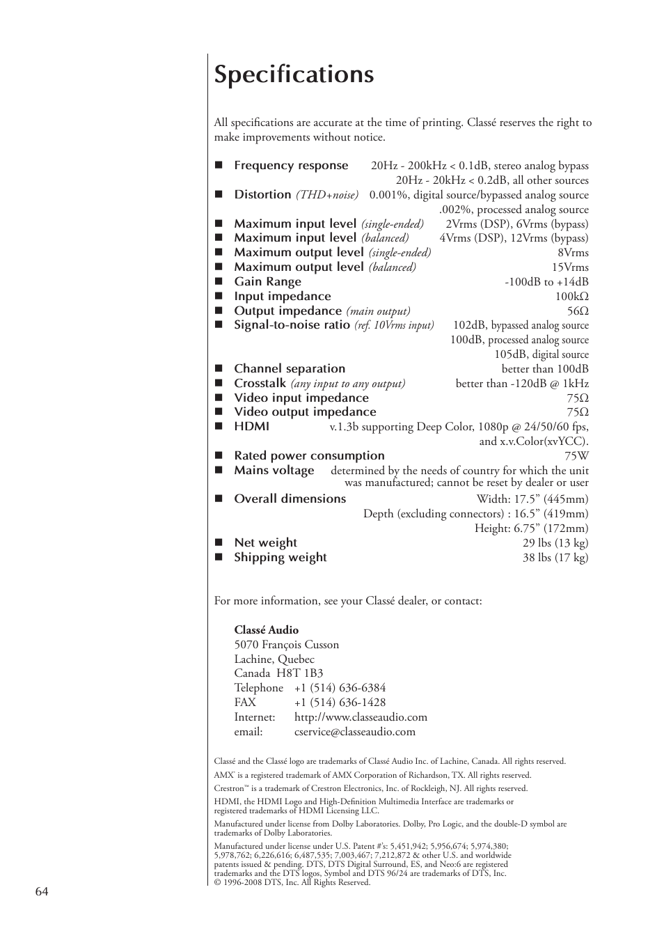 Specifications | Classe Audio Surround Sound Processor SSP-800 User Manual | Page 64 / 68