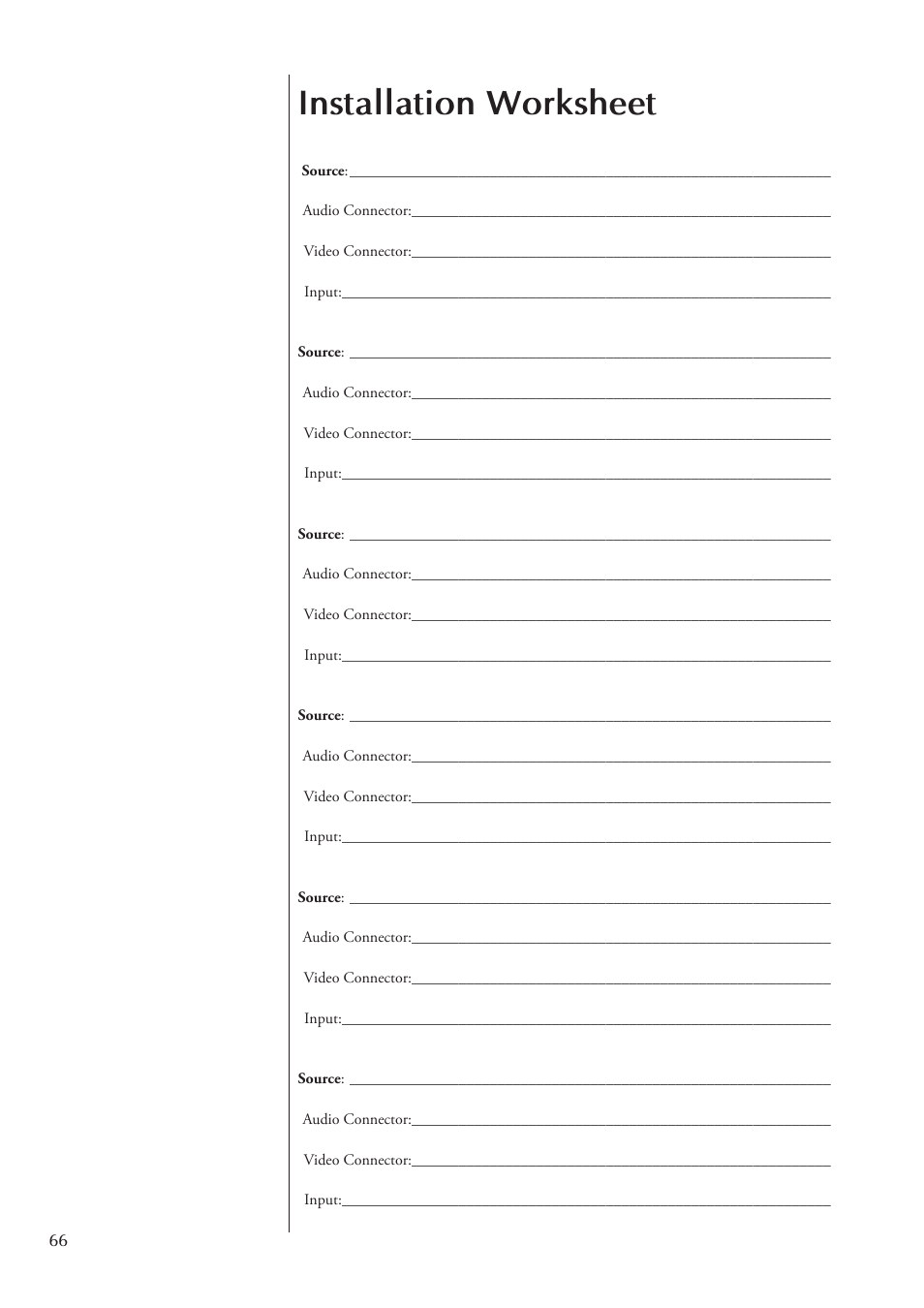 Installation worksheet | Classe Audio Surround Sound Processor SSP-800 User Manual | Page 66 / 68