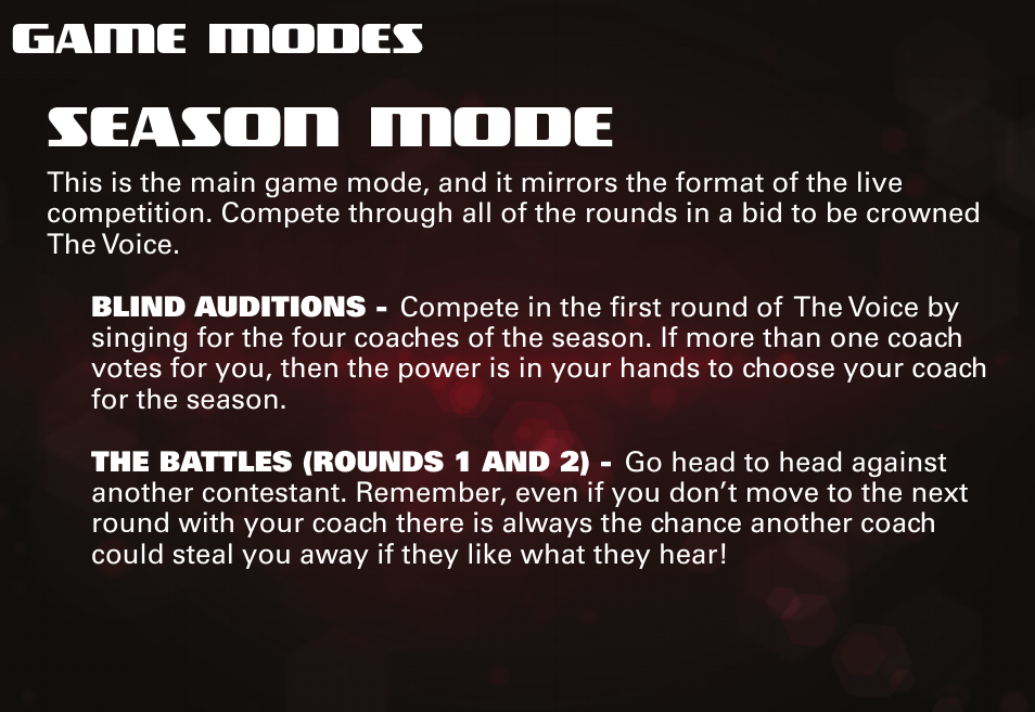 Season mode, Game modes | Activision The Voice User Manual | Page 5 / 15