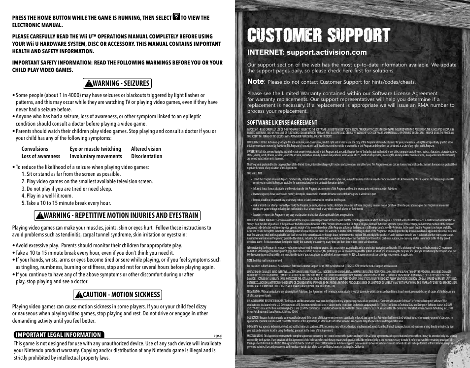 Customer support | Activision The Walking Dead: Survival Instinct User Manual | Page 2 / 2