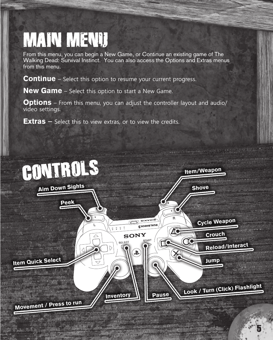 Main menu, Controls | Activision The Walking Dead: Survival Instinct User Manual | Page 5 / 8