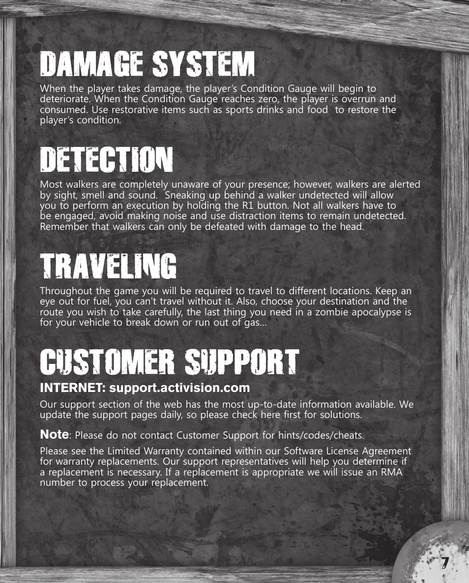 Damage system, Detection, Traveling | Customer support | Activision The Walking Dead: Survival Instinct User Manual | Page 7 / 8