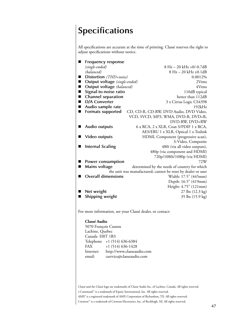 Specifications | Classe Audio CDP-300 User Manual | Page 47 / 50
