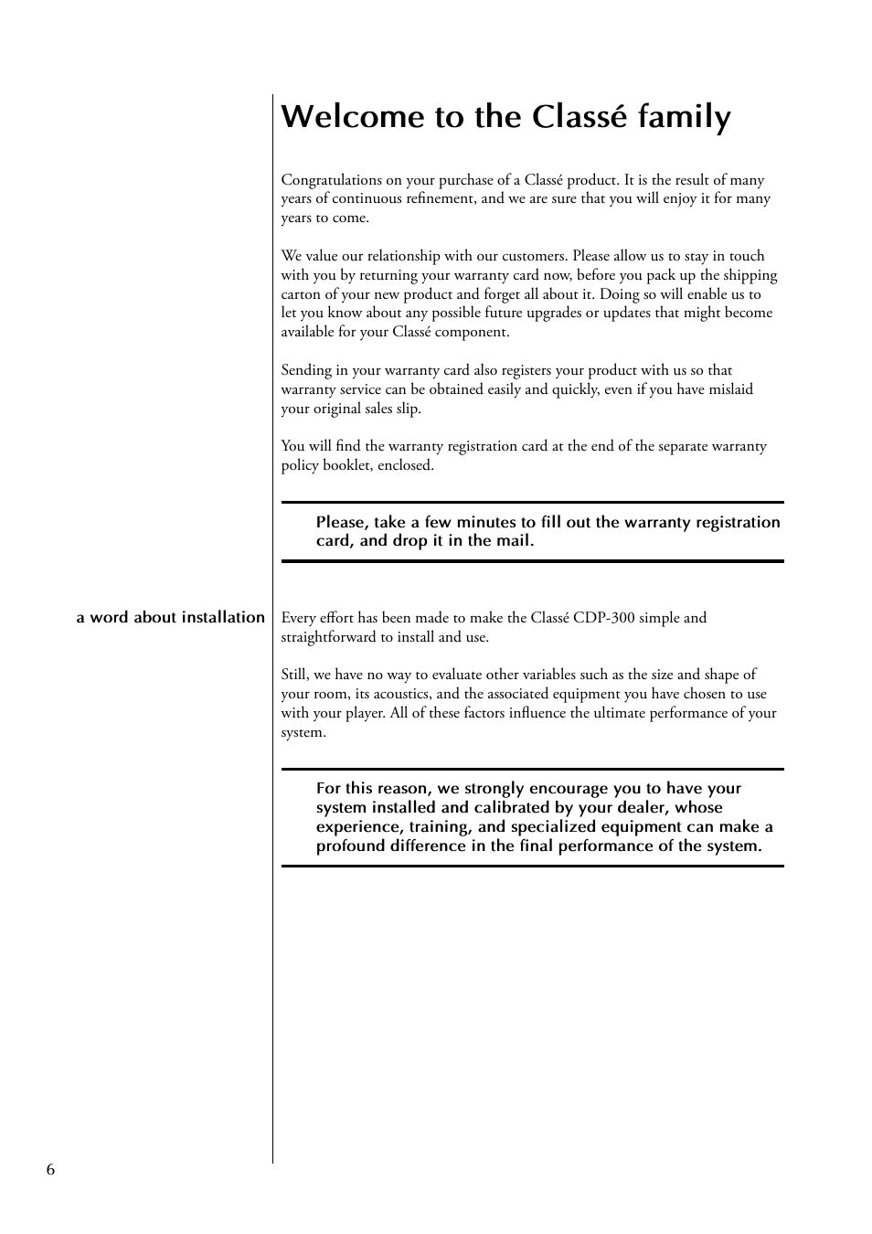 Welcome to the classé family | Classe Audio CDP-300 User Manual | Page 6 / 50