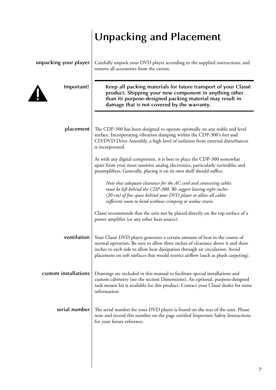 Unpacking and placement | Classe Audio CDP-300 User Manual | Page 7 / 50