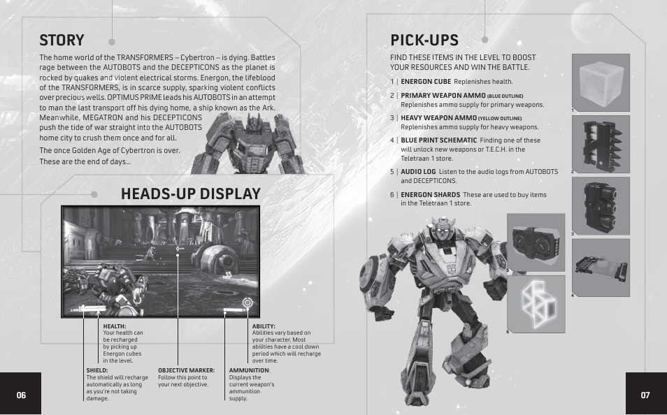 Story, Pick-ups, Heads-up display | Activision Transformers: Fall of Cybertron User Manual | Page 4 / 6