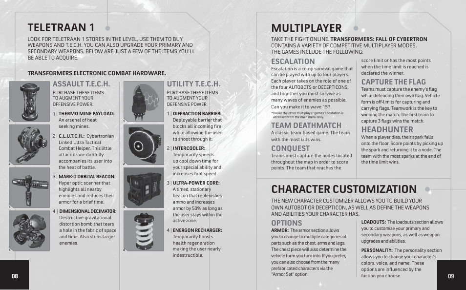 Multiplayer, Teletraan 1, Character customization | Headhunter, Escalation, Team deathmatch, Conquest, Capture the flag, Assault t.e.c.h. utility t.e.c.h, Options | Activision Transformers: Fall of Cybertron User Manual | Page 5 / 6