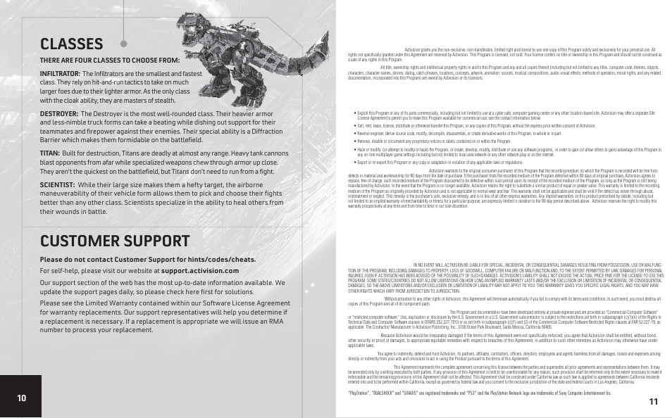 Classes, Customer support | Activision Transformers: Fall of Cybertron User Manual | Page 6 / 6