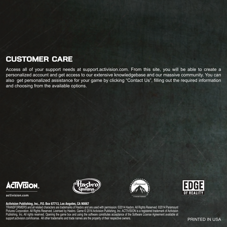 Customer care | Activision Transformers: Rise of the Dark Spark User Manual | Page 6 / 6