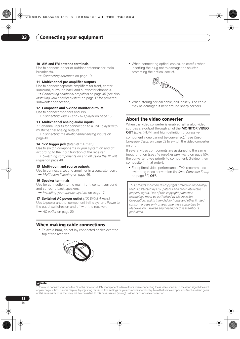 Connecting your equipment 03, When making cable connections, About the video converter | Classe Audio VSX-80TXV User Manual | Page 12 / 73