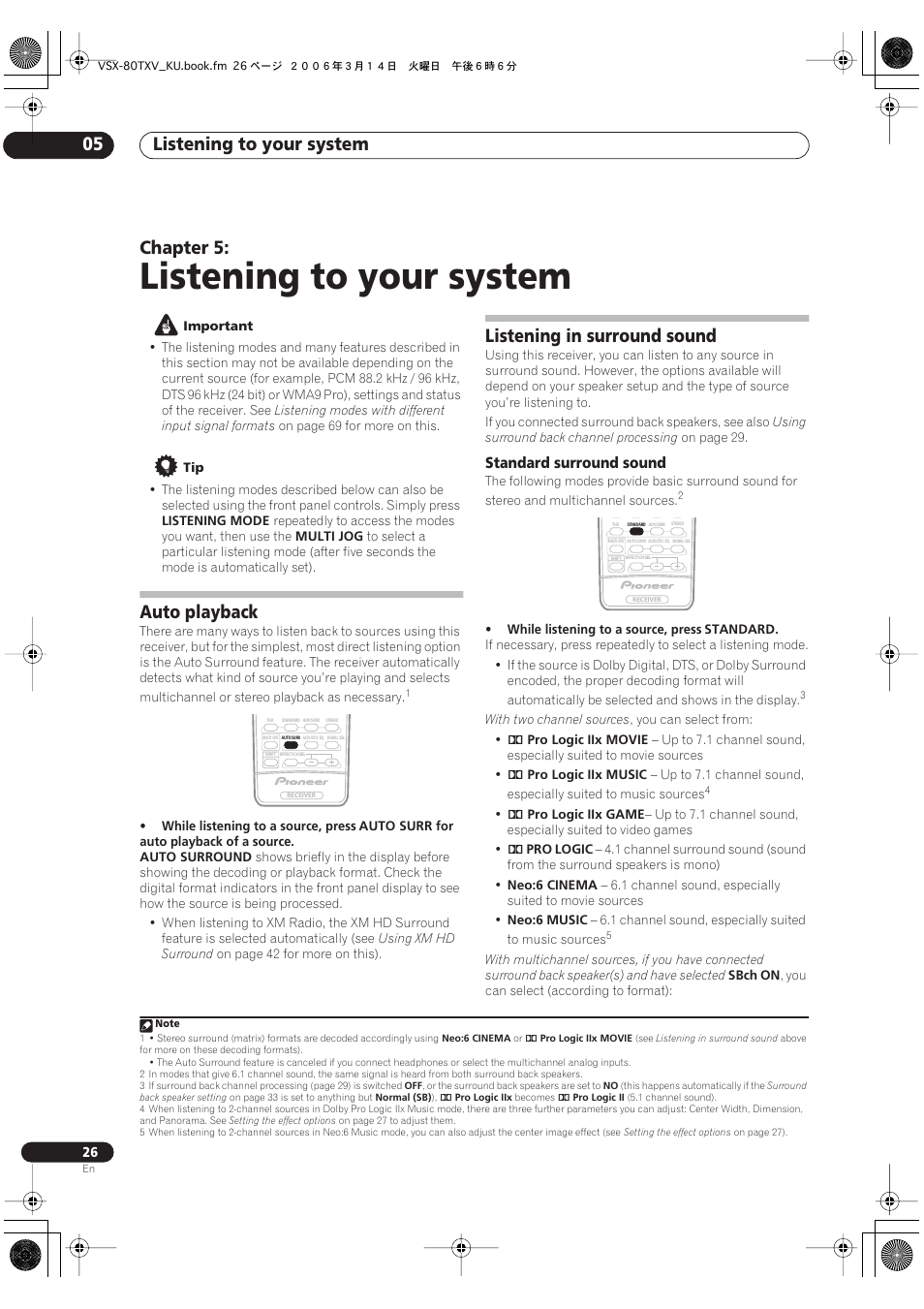 05 listening to your system, Auto playback listening in surround sound, Standard surround sound | Listening to your system, Listening to your system 05, Chapter 5, Auto playback, Listening in surround sound | Classe Audio VSX-80TXV User Manual | Page 26 / 73
