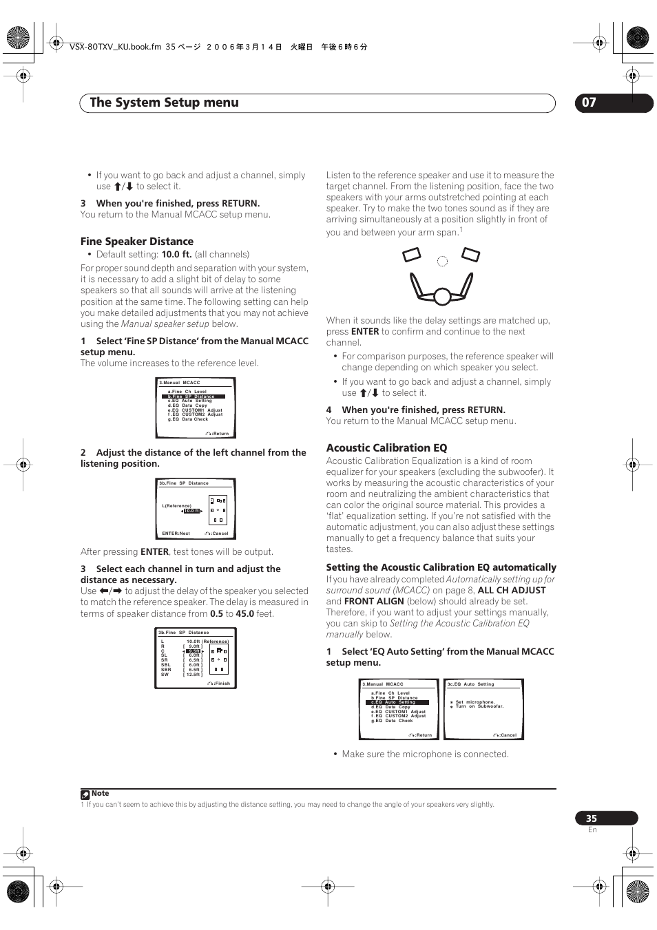 Fine speaker distance acoustic calibration eq, The system setup menu 07, Fine speaker distance | Acoustic calibration eq | Classe Audio VSX-80TXV User Manual | Page 35 / 73