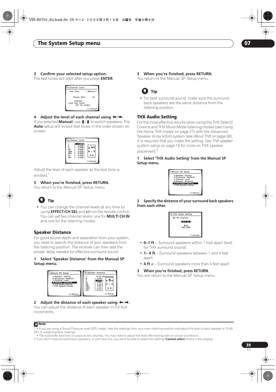 Speaker distance thx audio setting, The system setup menu 07, Speaker distance | Thx audio setting | Classe Audio VSX-80TXV User Manual | Page 39 / 73