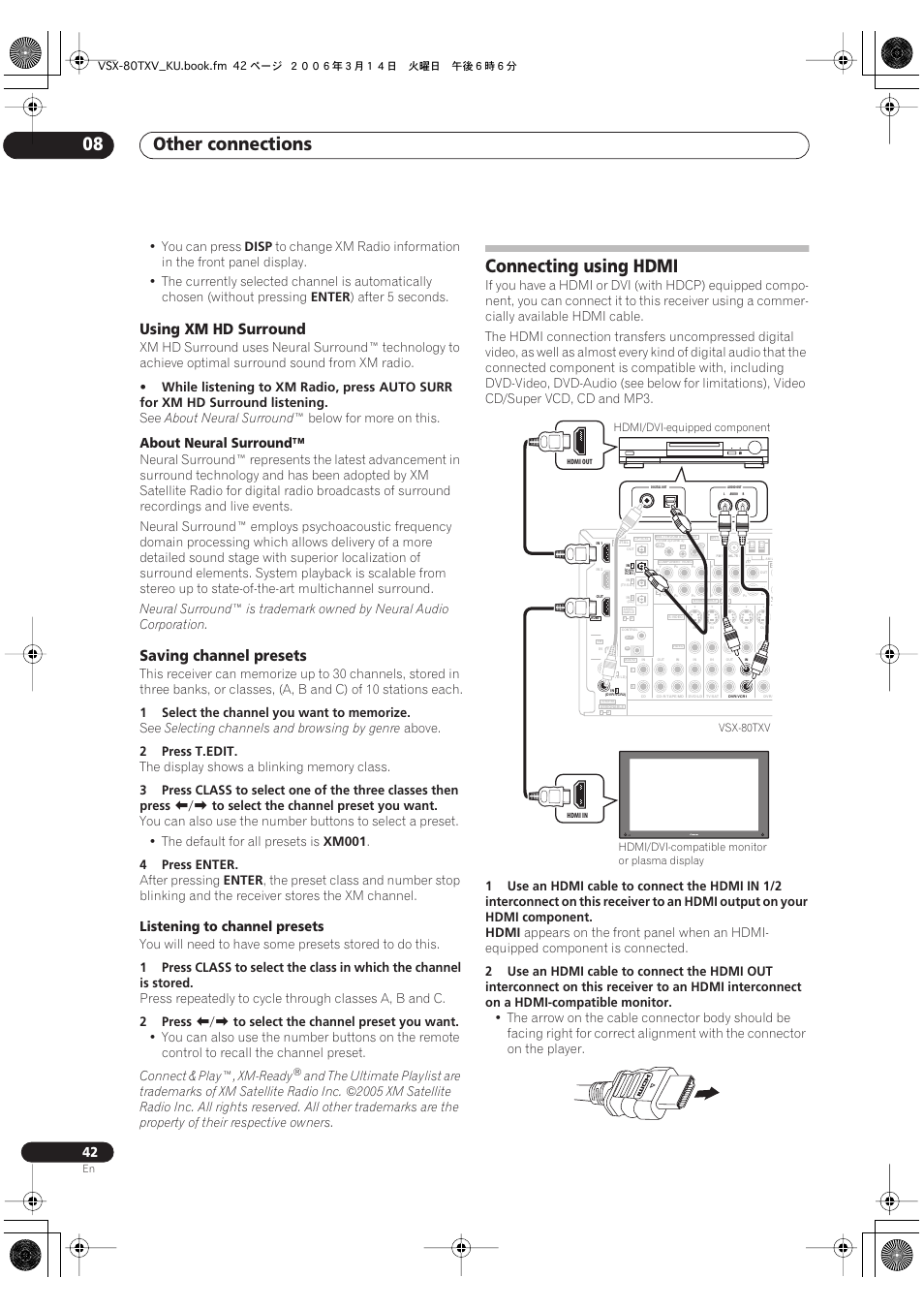 Using xm hd surround saving channel presets, Connecting using hdmi, Other connections 08 | Using xm hd surround, Saving channel presets, Listening to channel presets, You can press, Disp, Enter, After 5 seconds | Classe Audio VSX-80TXV User Manual | Page 42 / 73