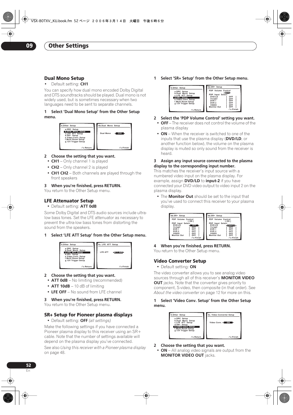 Other settings 09, Dual mono setup, Lfe attenuator setup | Sr+ setup for pioneer plasma displays, Video converter setup | Classe Audio VSX-80TXV User Manual | Page 52 / 73