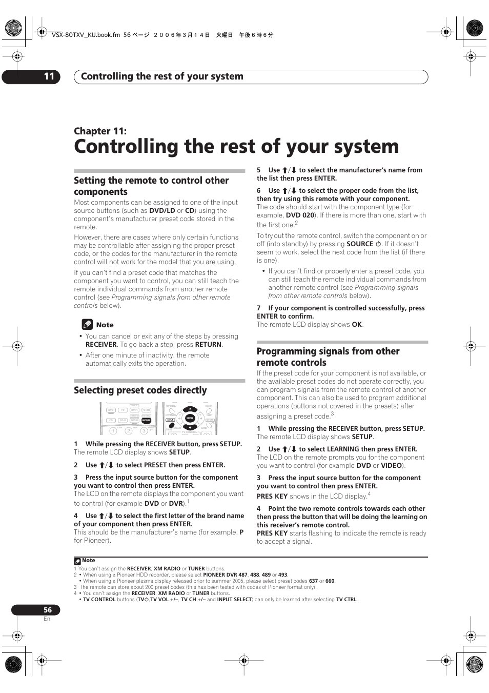11 controlling the rest of your system, Controlling the rest of your system, Controlling the rest of your system 11 | Chapter 11, Setting the remote to control other components, Selecting preset codes directly, Programming signals from other remote controls | Classe Audio VSX-80TXV User Manual | Page 56 / 73
