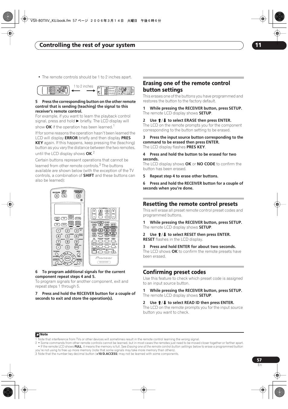 Controlling the rest of your system 11, Erasing one of the remote control button settings, Resetting the remote control presets | Confirming preset codes | Classe Audio VSX-80TXV User Manual | Page 57 / 73