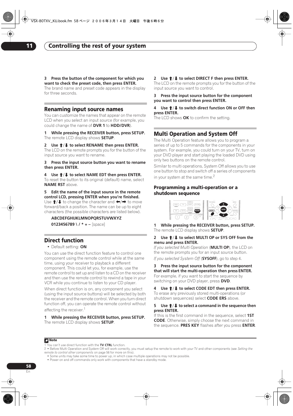 Renaming input source names, Direct function multi operation and system off, Controlling the rest of your system 11 | Direct function, Multi operation and system off | Classe Audio VSX-80TXV User Manual | Page 58 / 73