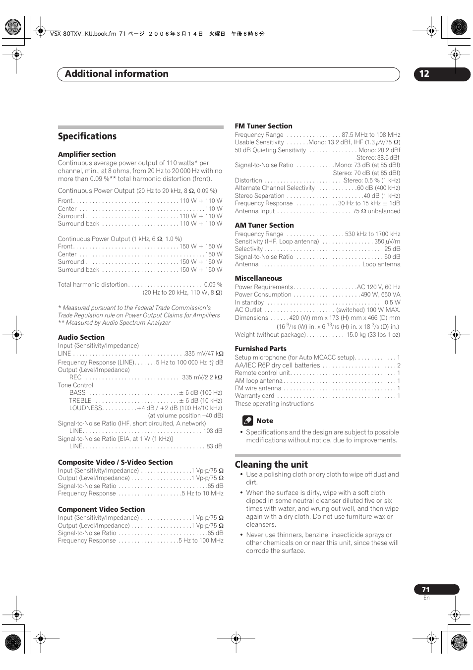 Specifications cleaning the unit, Additional information 12, Specifications | Cleaning the unit | Classe Audio VSX-80TXV User Manual | Page 71 / 73