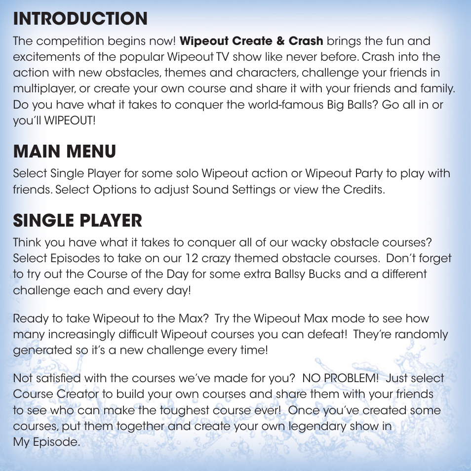 Introduction, Main menu, Single player | Activision Wipeout Create & Crash User Manual | Page 6 / 8