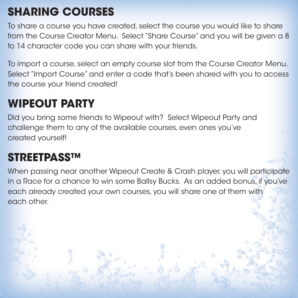 Sharing courses, Wipeout party, Streetpass | Activision Wipeout Create & Crash User Manual | Page 7 / 8