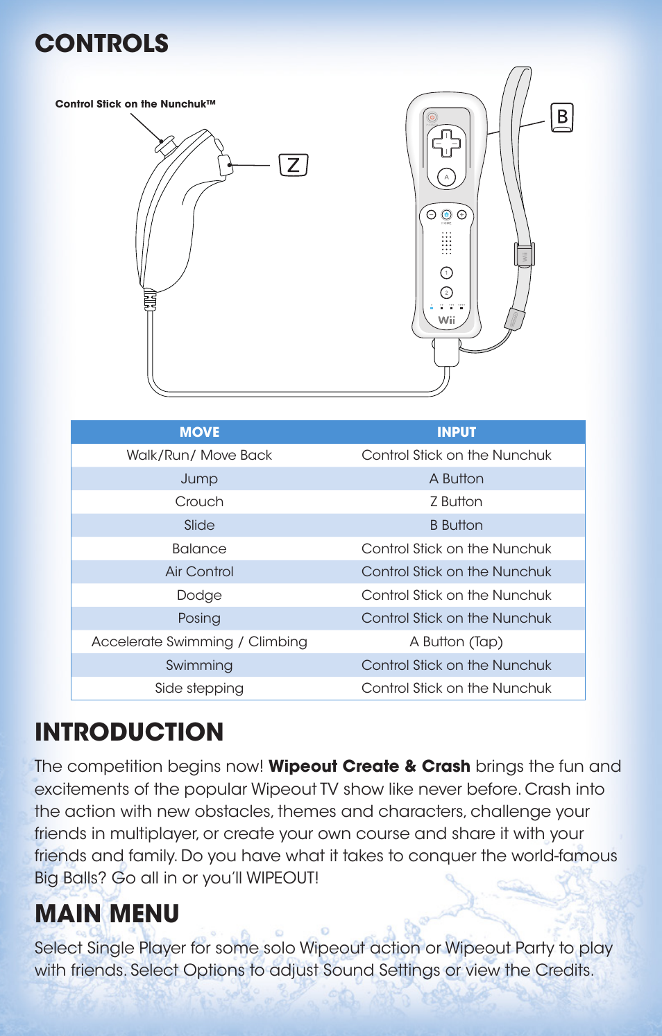 Introduction, Main menu, Controls | Activision Wipeout Create & Crash User Manual | Page 4 / 5