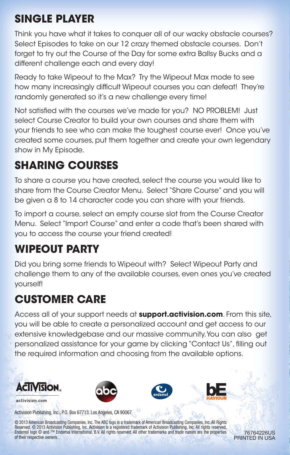 Single player, Sharing courses, Wipeout party | Customer care | Activision Wipeout Create & Crash User Manual | Page 5 / 5