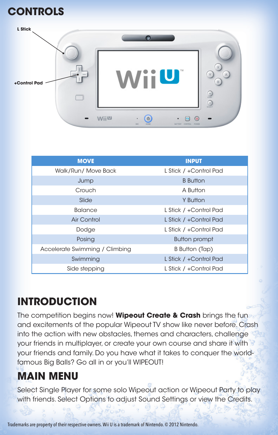 Introduction, Main menu, Controls | Activision Wipeout Create & Crash User Manual | Page 3 / 4