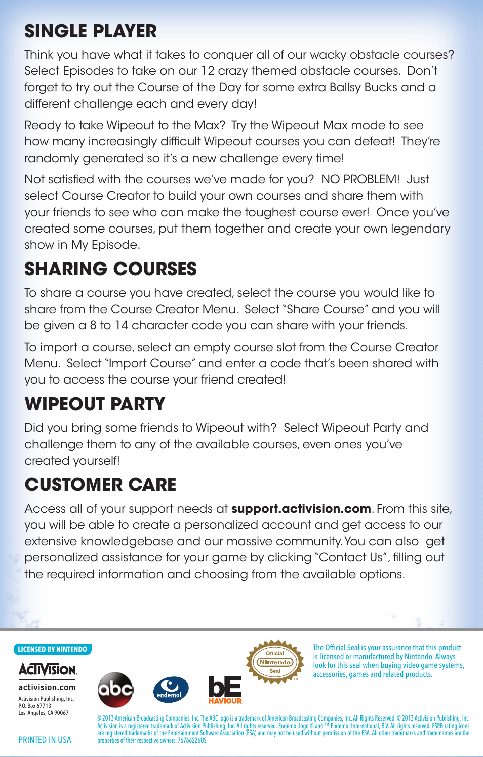 Single player, Sharing courses, Wipeout party | Customer care | Activision Wipeout Create & Crash User Manual | Page 4 / 4