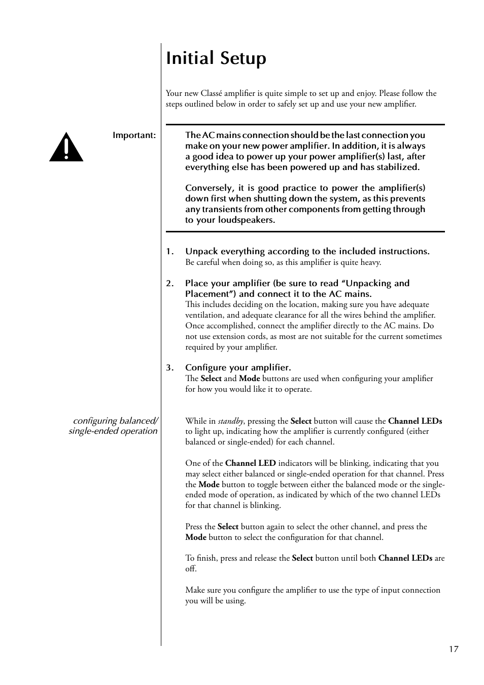 Initial setup | Classe Audio CA-2200 User Manual | Page 17 / 30