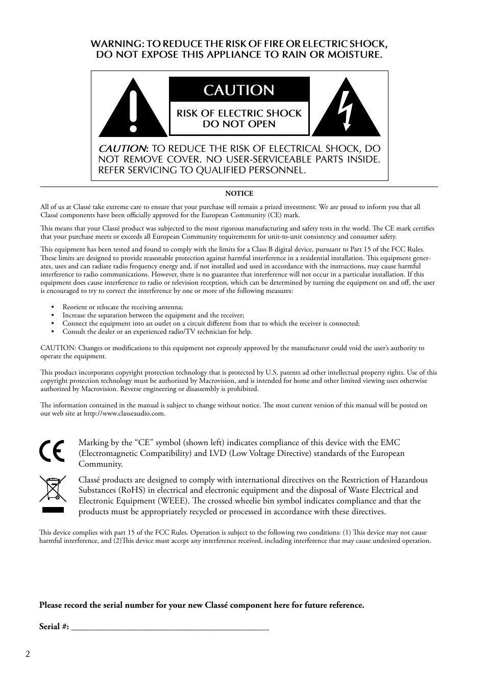 Caution | Classe Audio CA-2200 User Manual | Page 2 / 30