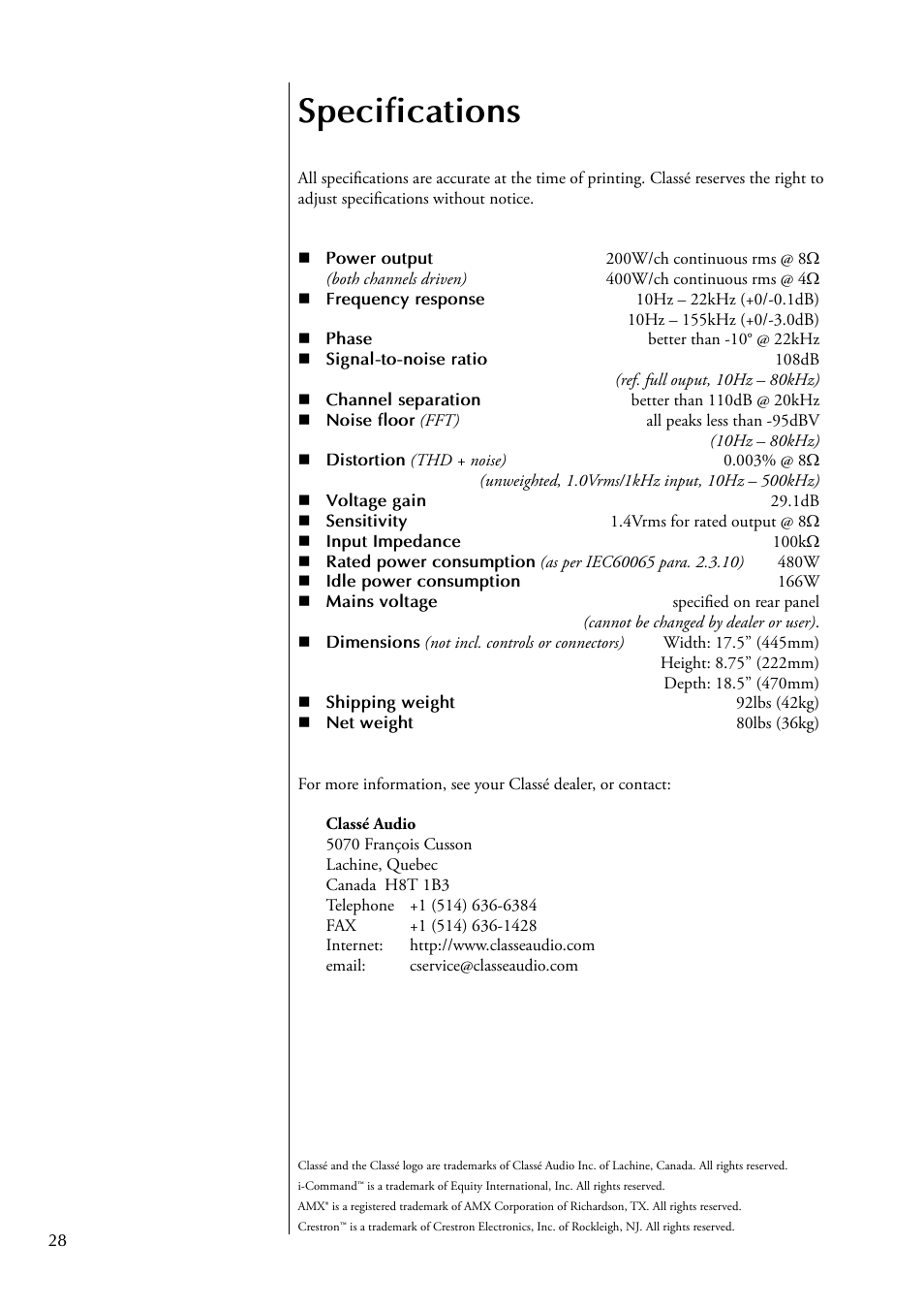 Specifications | Classe Audio CA-2200 User Manual | Page 28 / 30