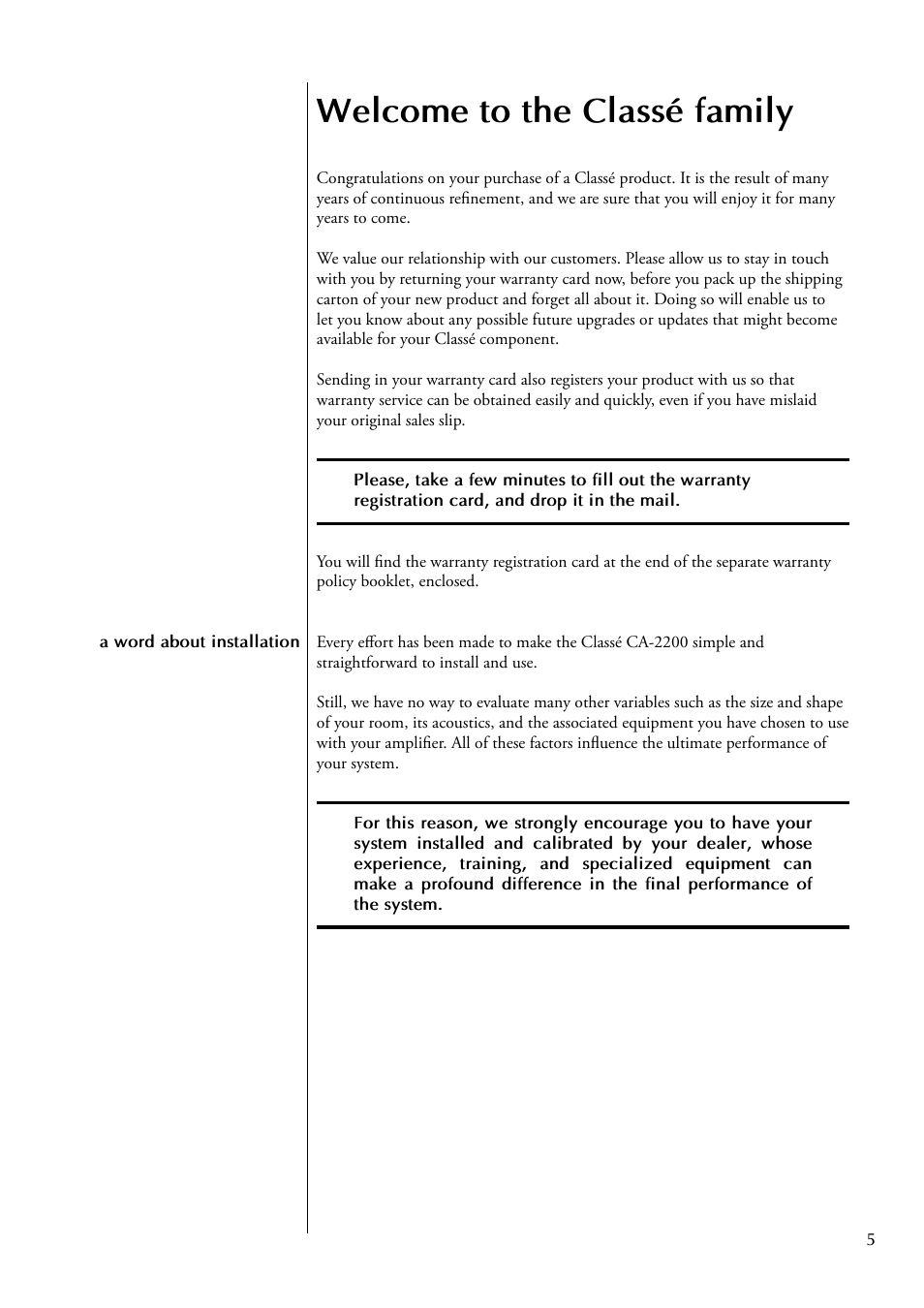 Welcome to the classé family | Classe Audio CA-2200 User Manual | Page 5 / 30