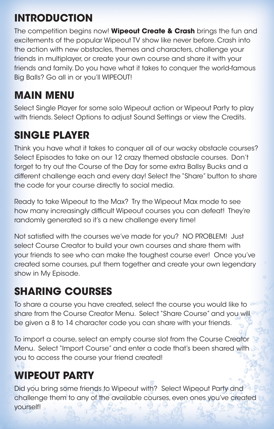 Introduction, Main menu, Single player | Sharing courses, Wipeout party | Activision Wipeout Create & Crash User Manual | Page 5 / 6