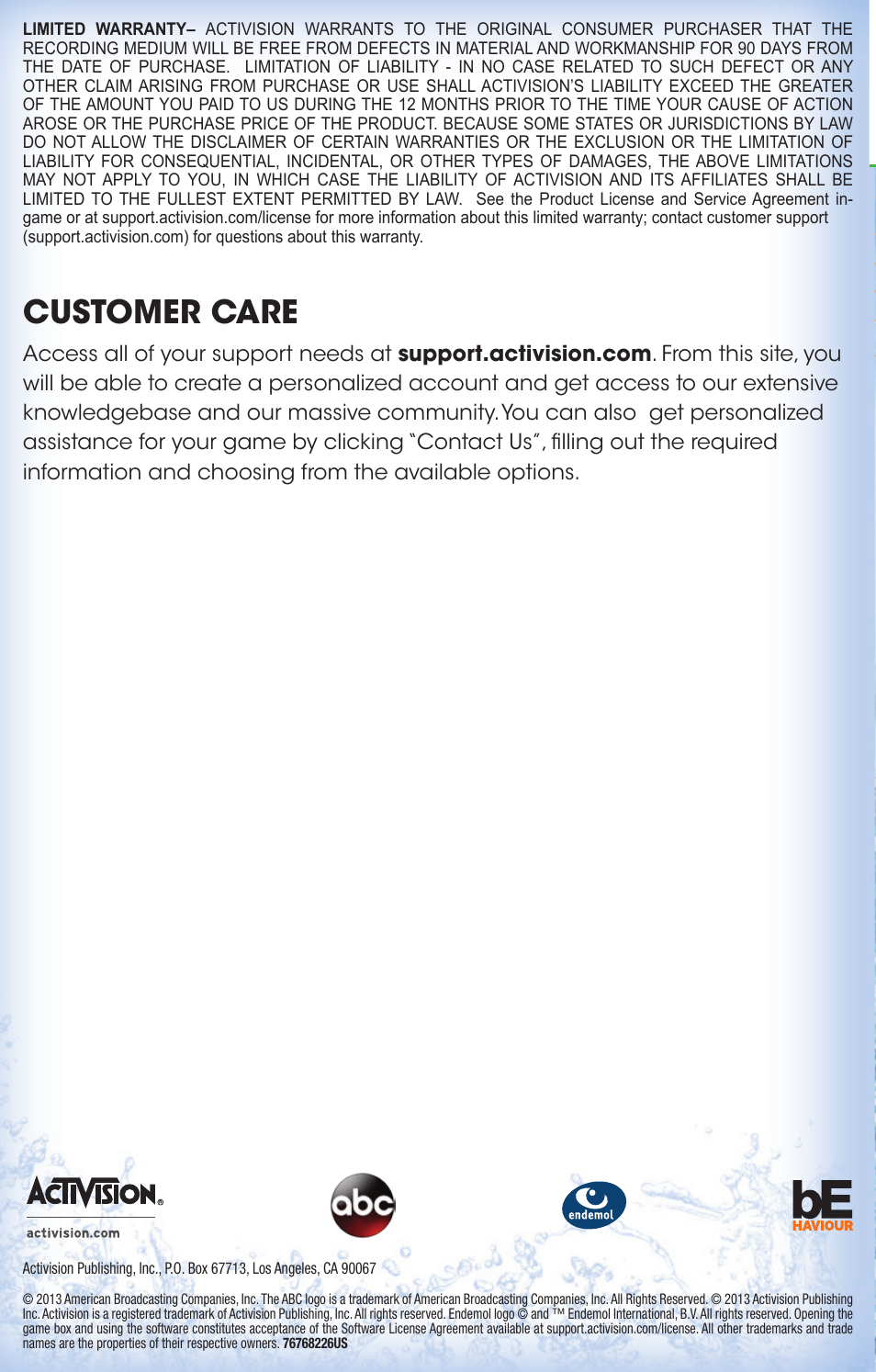 V6.2, Customer care | Activision Wipeout Create & Crash User Manual | Page 6 / 6