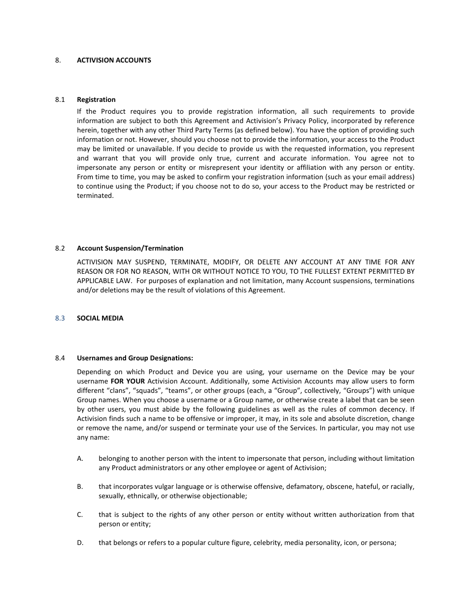 Activision accounts, 1 registration, 2 account suspension/termination | 3 social media, 4 usernames and group designations | Activision Wipeout Create & Crash User Manual | Page 10 / 21