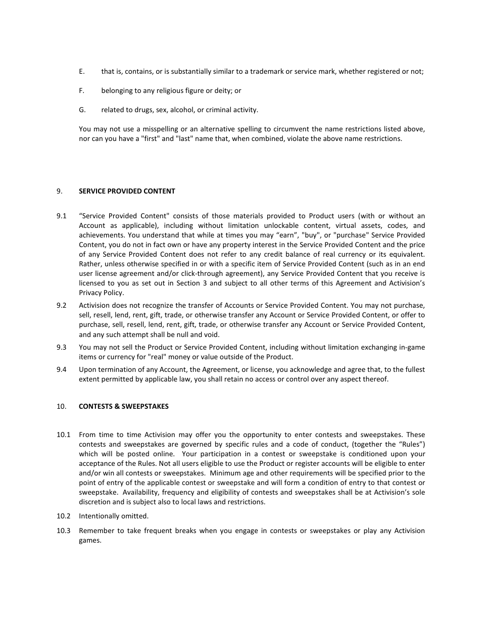 Service provided content, Contests & sweepstakes, 2 intentionally omitted | Activision Wipeout Create & Crash User Manual | Page 11 / 21