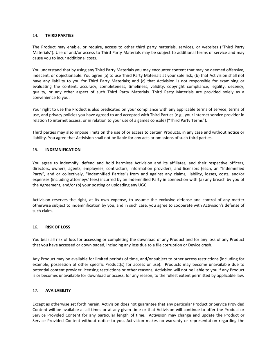 Third parties, Indemnification, Risk of loss | Availability | Activision Wipeout Create & Crash User Manual | Page 13 / 21