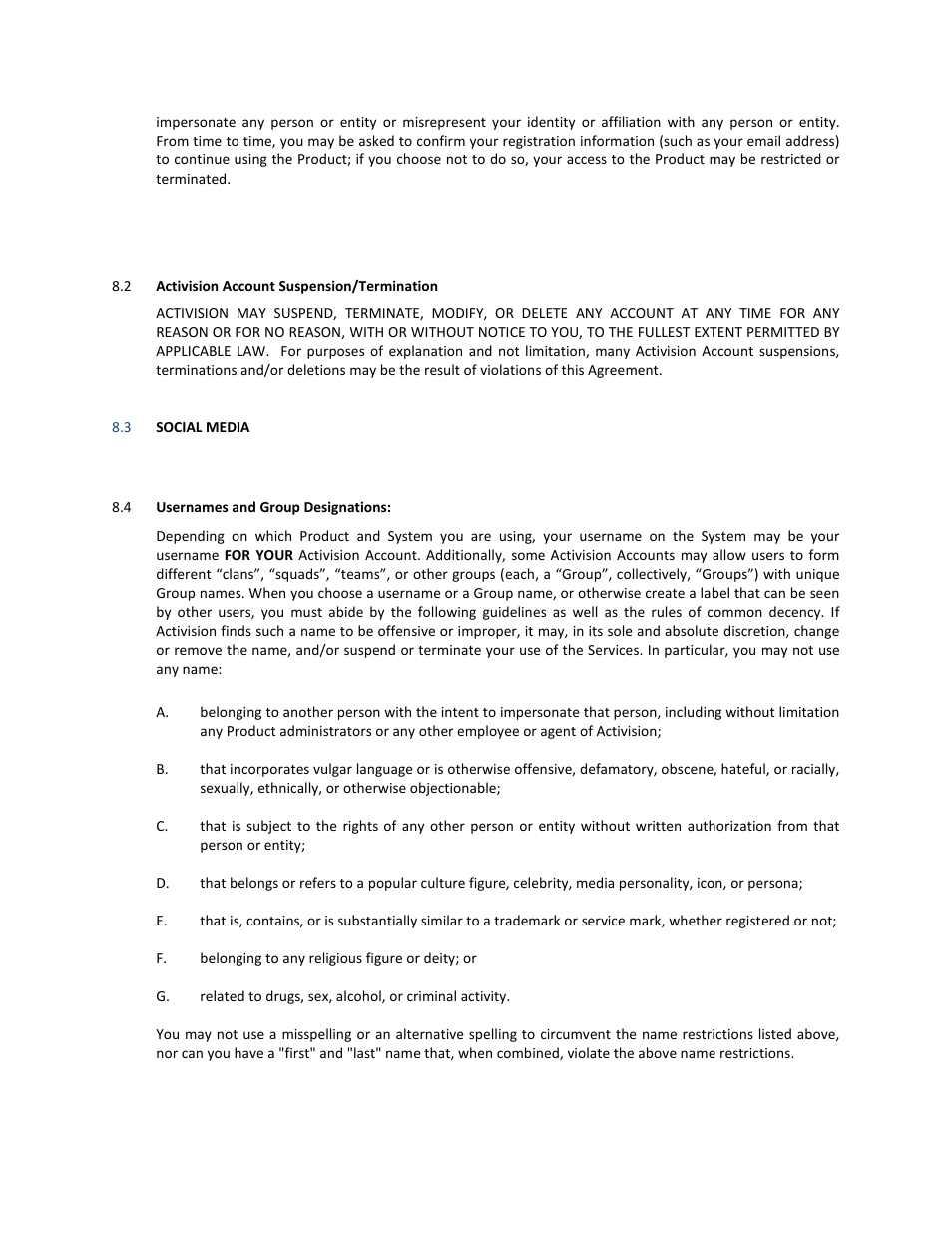 2 activision account suspension/termination, 3 social media, 4 usernames and group designations | Activision Cabela's African Adventures User Manual | Page 11 / 22