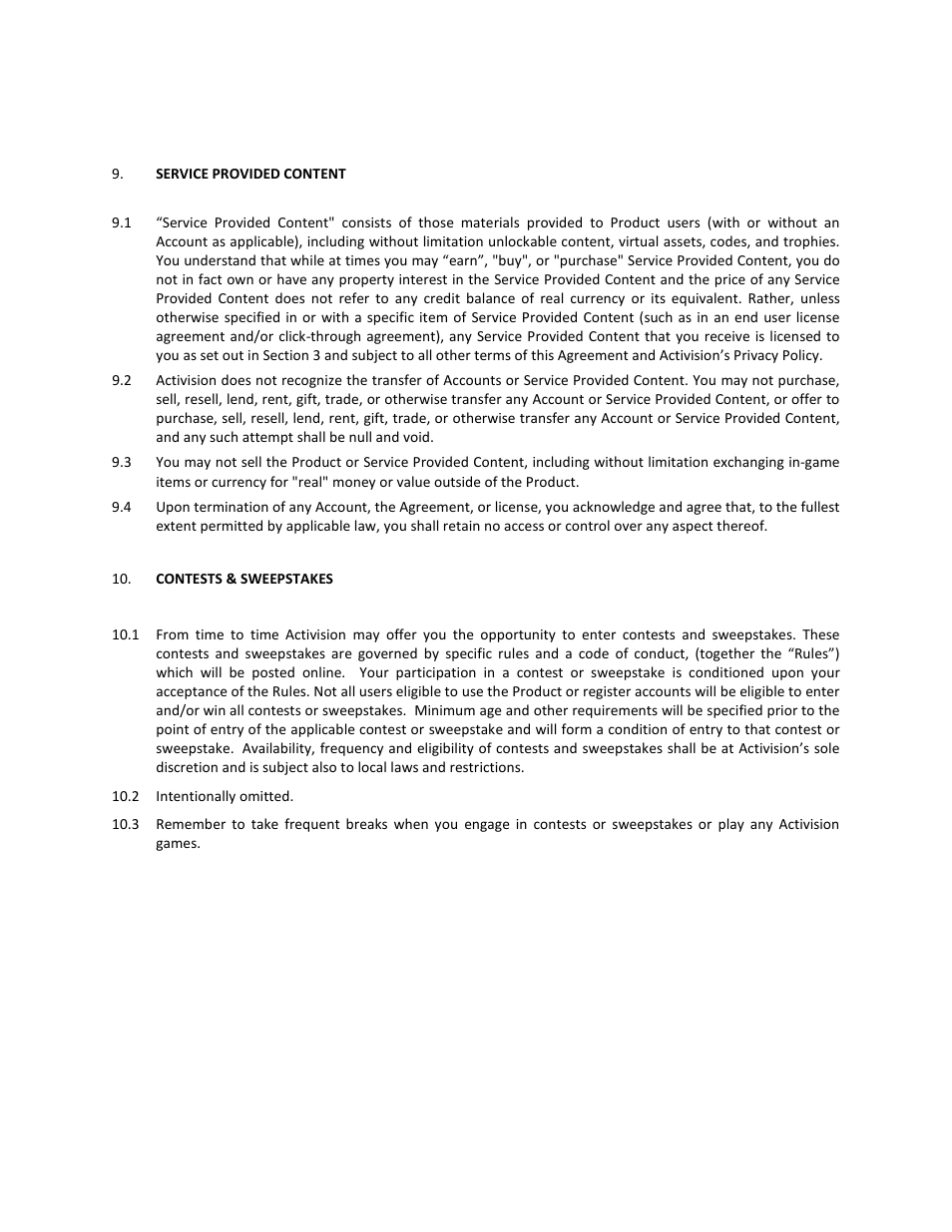 Service provided content, Contests & sweepstakes, 2 intentionally omitted | Activision Cabela's African Adventures User Manual | Page 12 / 22