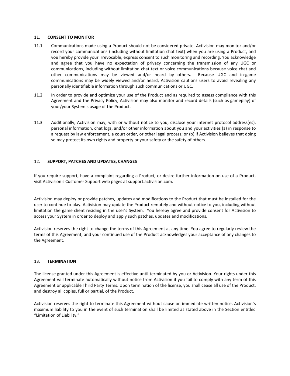 Consent to monitor, Support, patches and updates, changes, Termination | Activision Cabela's African Adventures User Manual | Page 13 / 22