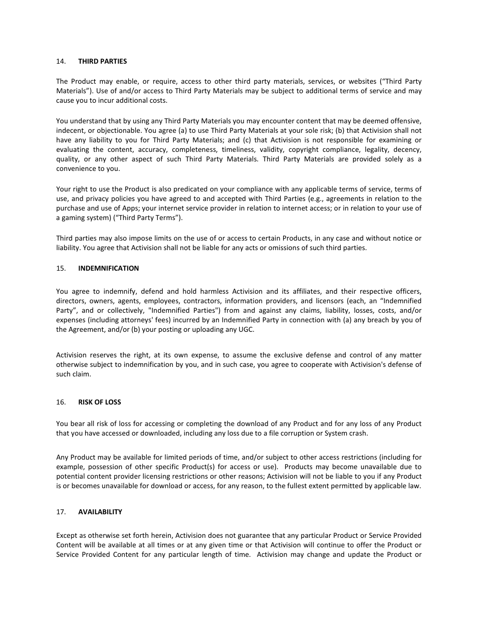Third parties, Indemnification, Risk of loss | Availability | Activision Cabela's African Adventures User Manual | Page 14 / 22