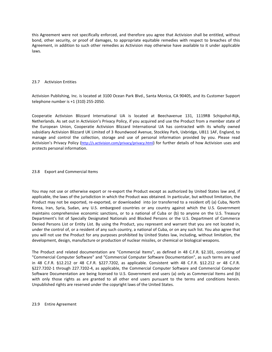 7 activision entities, 8 export and commercial items, 9 entire agreement | Activision Cabela's African Adventures User Manual | Page 20 / 22