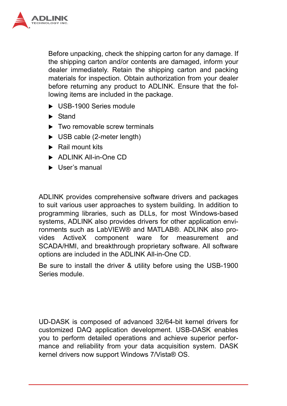 5 unpacking checklist, 6 software support, 7 driver support for windows | 1 ud-dask, Unpacking checklist, Software support, Driver support for windows | ADLINK USB-1903 User Manual | Page 22 / 84